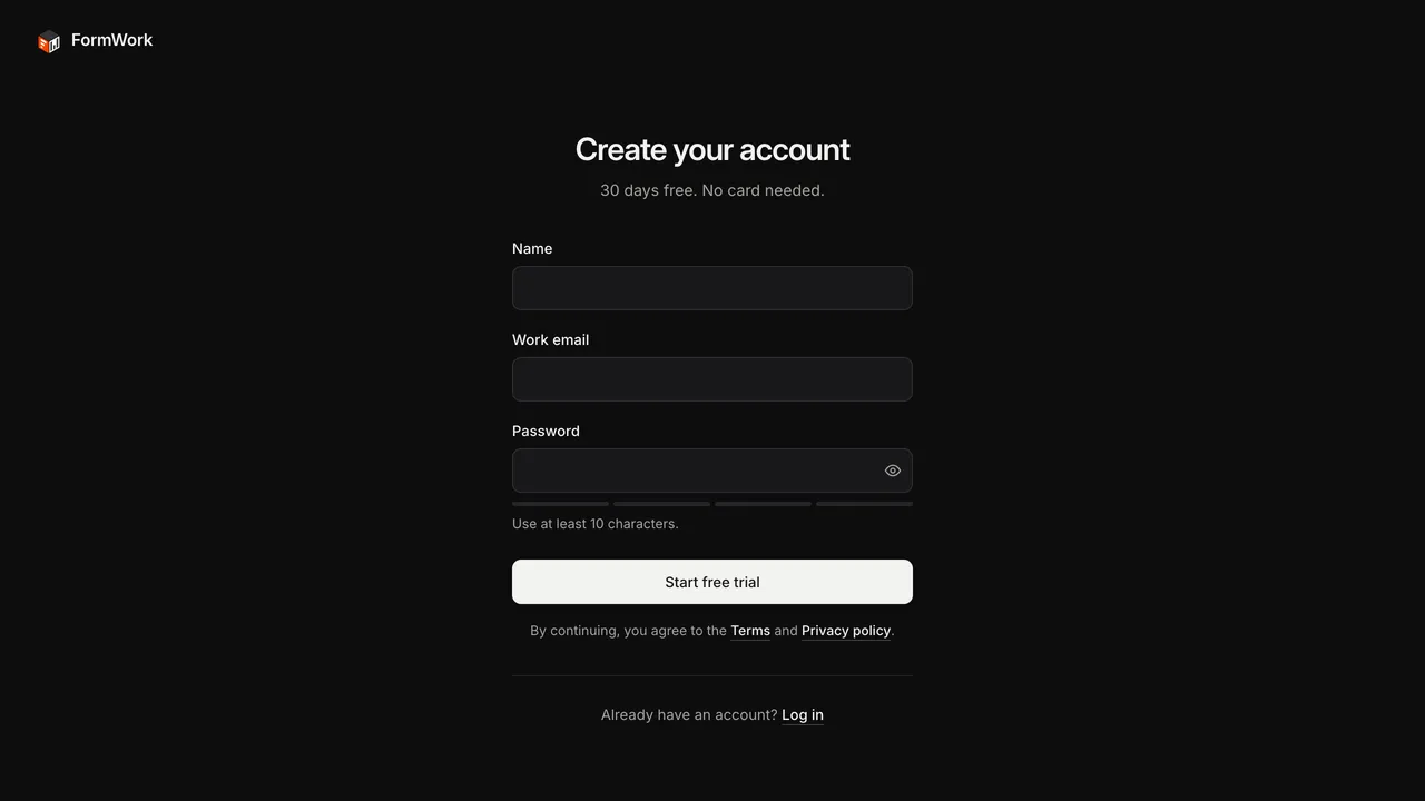 The sign-up page, with Name, Work email, Password and Start free trial