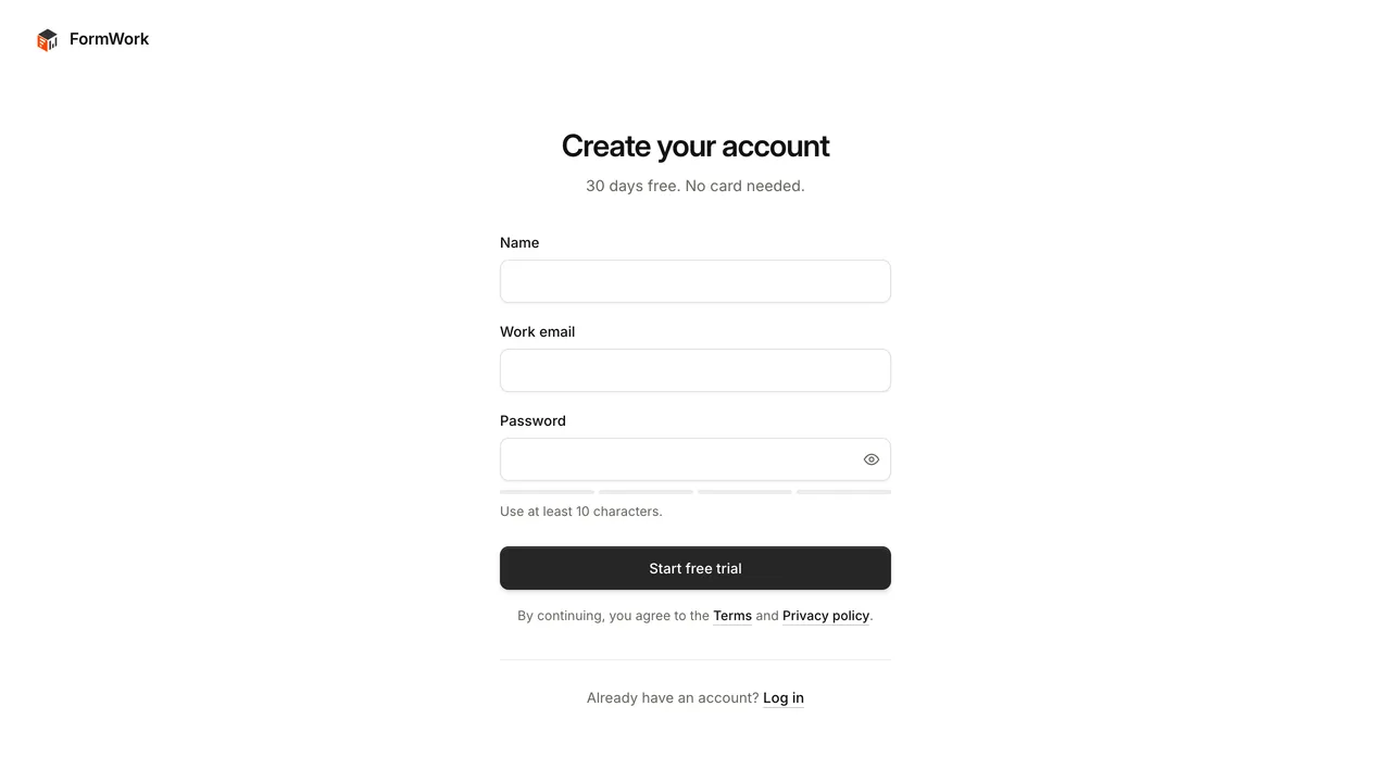 The sign-up page, with Name, Work email, Password and Start free trial