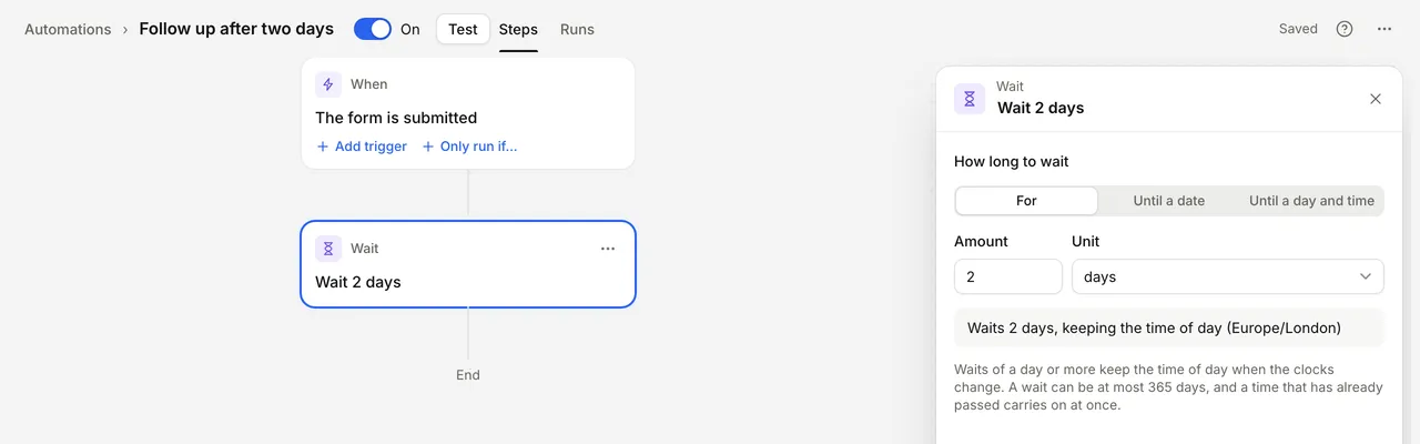 Wait step settings, with How long to wait set to For 2 days
