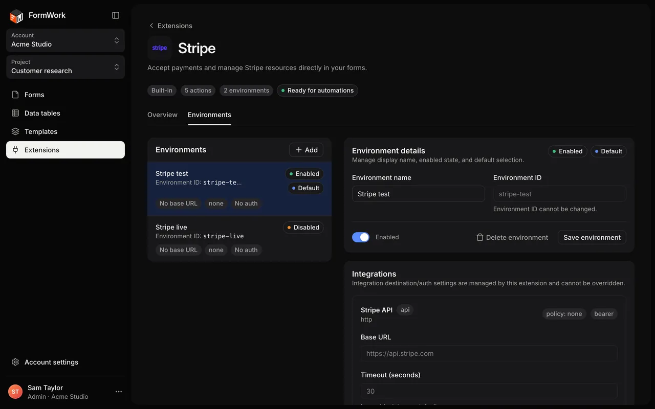 The Stripe extension page on the Environments tab, with Stripe test enabled and default, Stripe live disabled, and Ready for automations