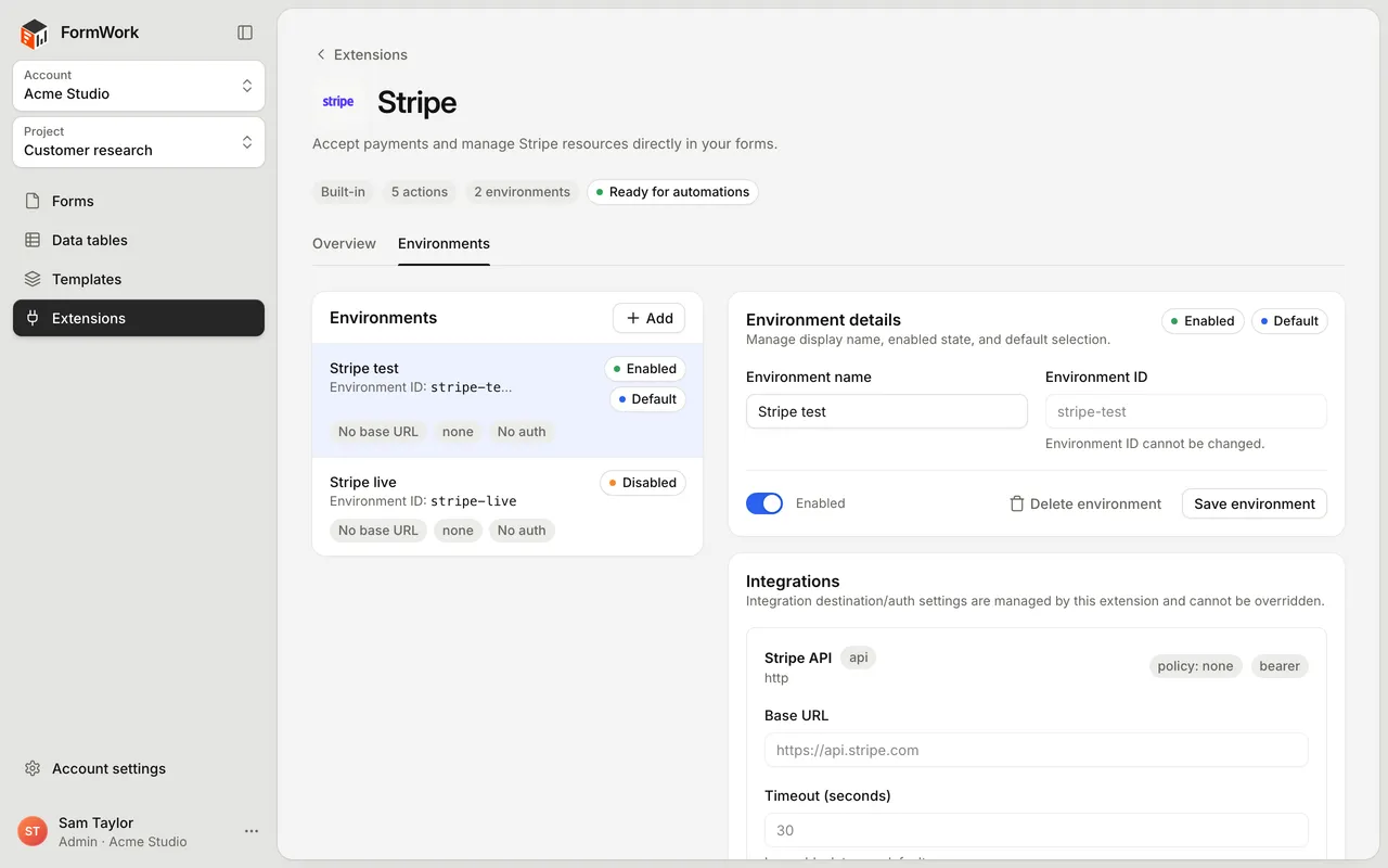 The Stripe extension page on the Environments tab, with Stripe test enabled and default, Stripe live disabled, and Ready for automations