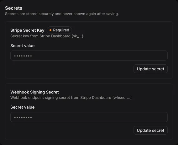 The Secrets section of a Stripe environment: Stripe Secret Key, marked Required, and Webhook Signing Secret, each with Secret value and Update secret