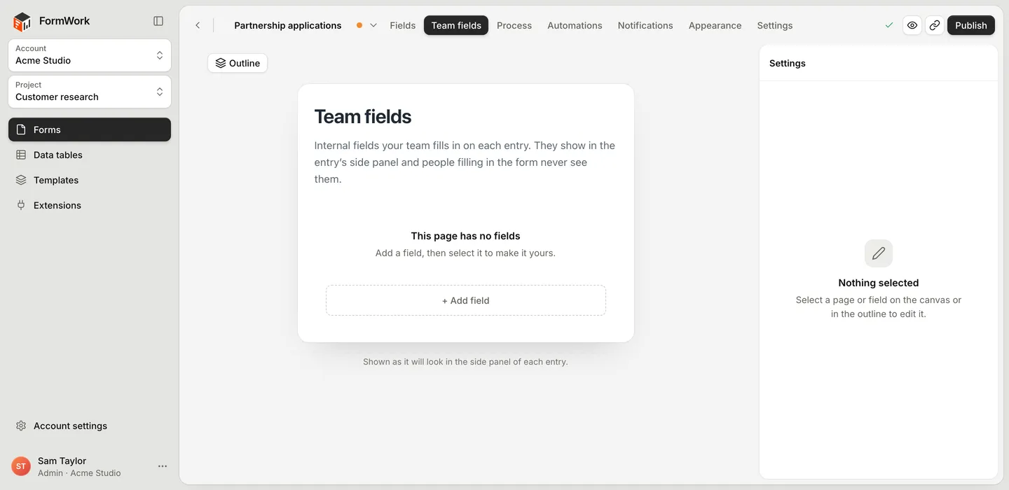 The builder's Team fields tab, ready for fields to be added with + Add field