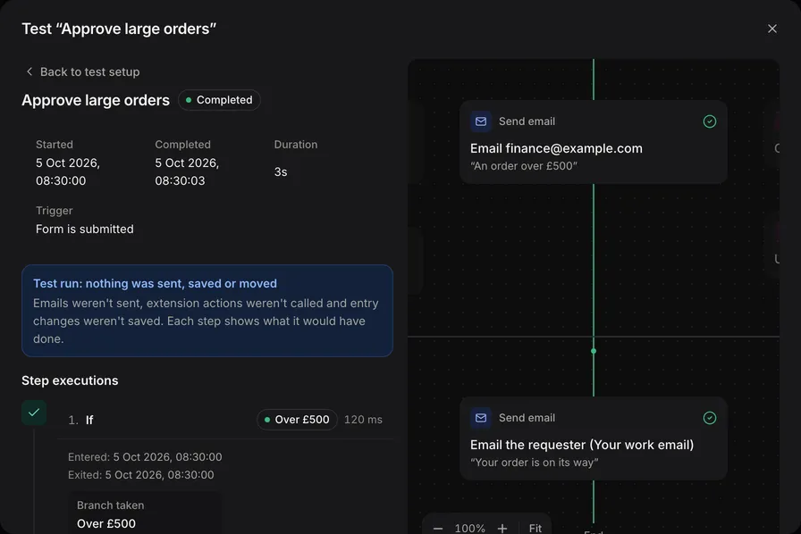 FormWork's automation test shows the branch taken and what would happen, with nothing sent, saved or moved