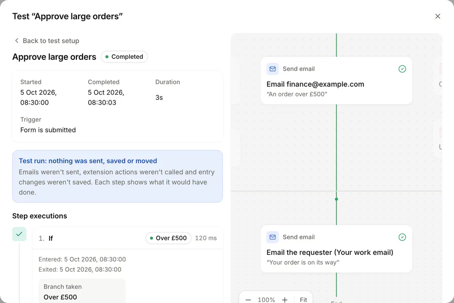 FormWork's automation test shows the branch taken and what would happen, with nothing sent, saved or moved