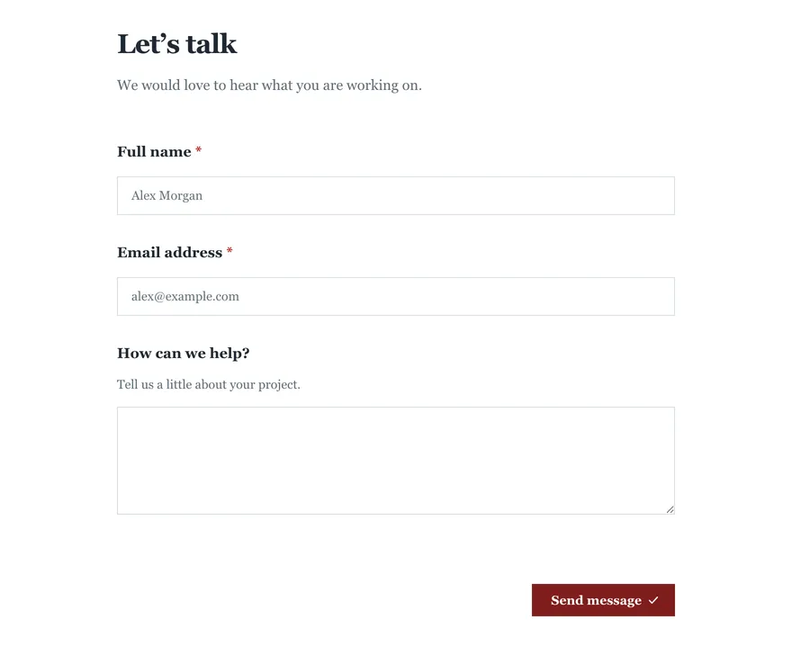 An embedded form restyled with a serif font, square corners and a dark red primary colour