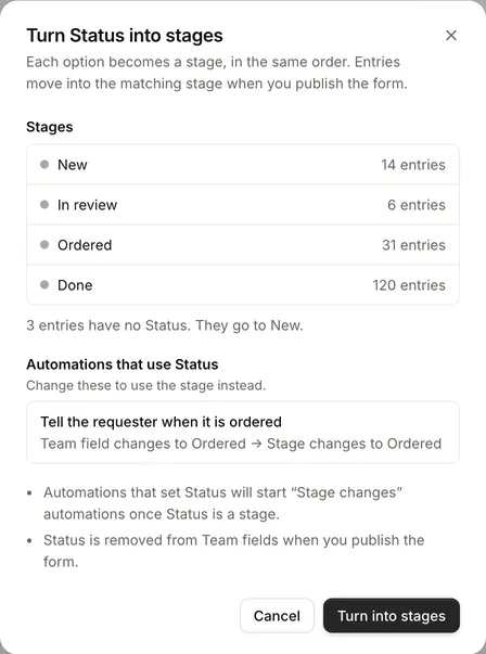 The Turn Status into stages dialog, listing each new stage with its number of entries and the automations that use Status