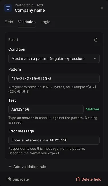 A validation rule set to Must match a pattern (regular expression), with a pattern, a test answer that matches and an error message