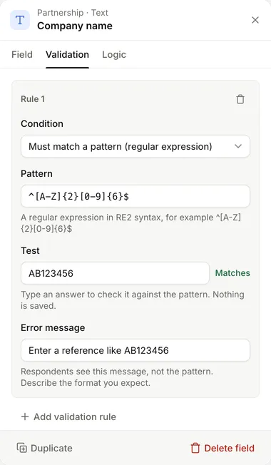 A validation rule set to Must match a pattern (regular expression), with a pattern, a test answer that matches and an error message